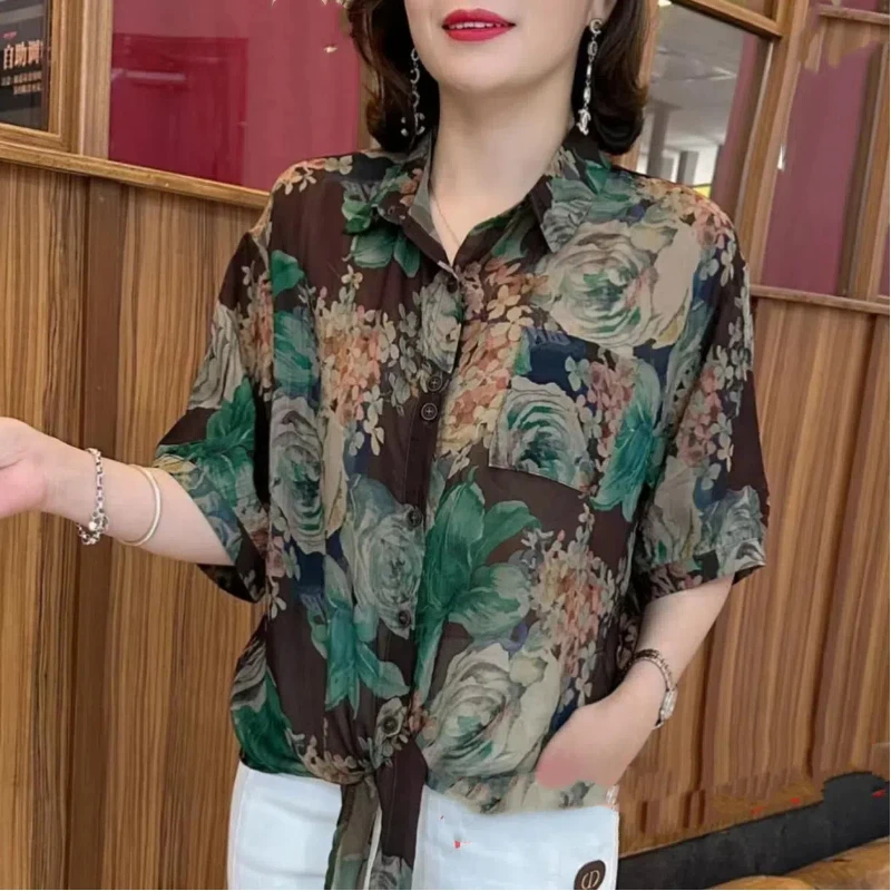 2024 Summer Western Style Shirt with Feminine Style Featuring a Lapel Design and a Drawstring Pattern for Sun Protection Tops