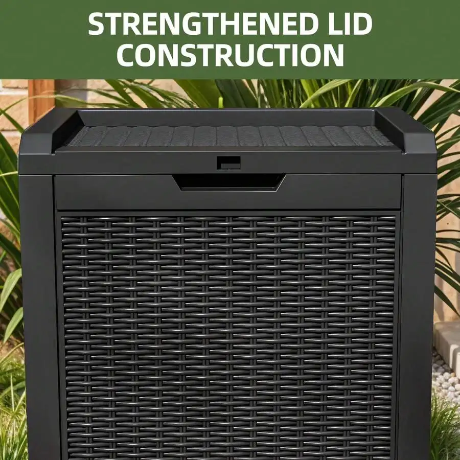 

Outdoor Lockable 32 Gallon Resin Deck Storage Box With Strengthened Lid And Side Handles Black