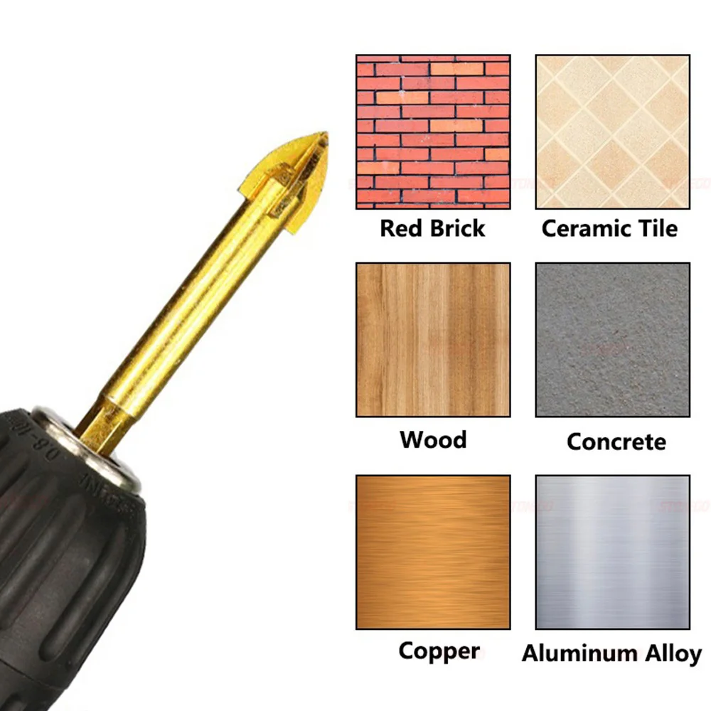 STONEGO Glass Drill Bit Set, Cross Spear Head, 6/8/10/12mm Diameter, for Ceramic Tile, Glass, Marble, with Hex Shank