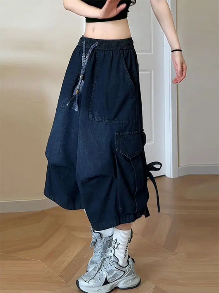 

Loose Fit Men's Denim orts Ootd Casual Sle Mid-Waist Waed Polyester Fiber Autumn Season Seven-Footers Cargo Pants