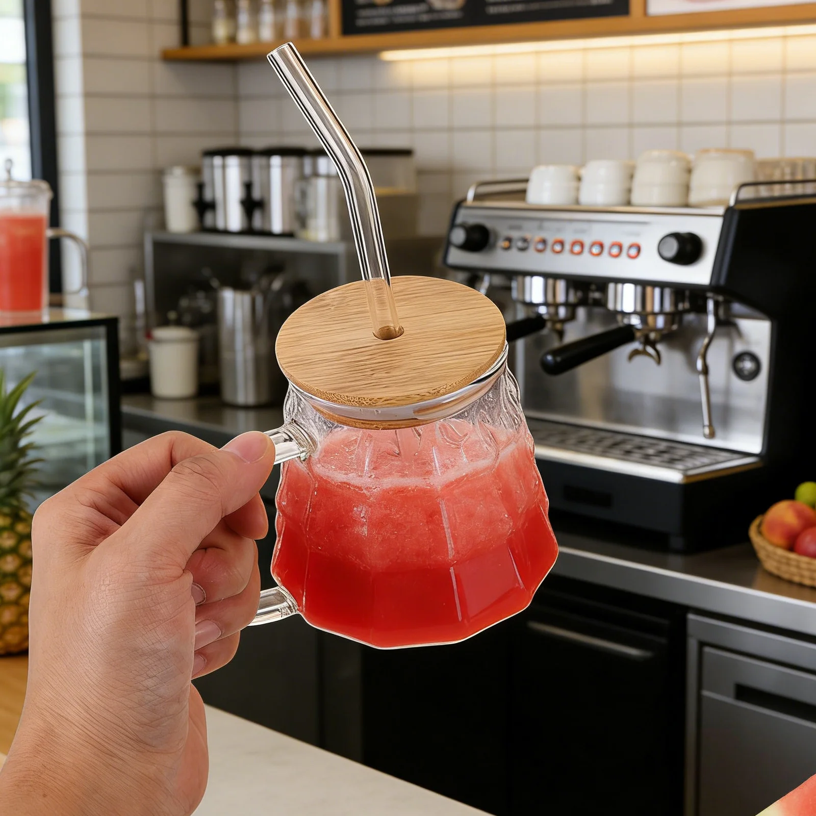 

Clear Glass Milk Cup with Handle Wooden Lid Smoothie Mug for Iced Coffee Cold Brew Tea Glass Tumbler with Straw