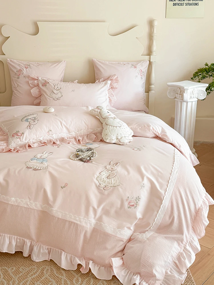 Cotton Bedding Set Pure Cotton Washed Cotton Patchwork Rabbit Embroidery Lace Bedding Quilt Coverlet Cotton Bedding Accessories