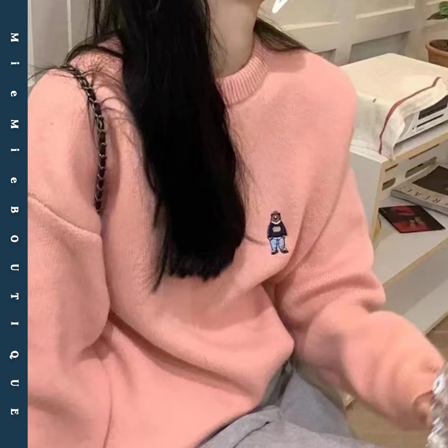 

Thiened Long Sve round Ne Pure Color Knitted Sweater Women's Overhead Stitching Design Bear Pattern Winter Pullover