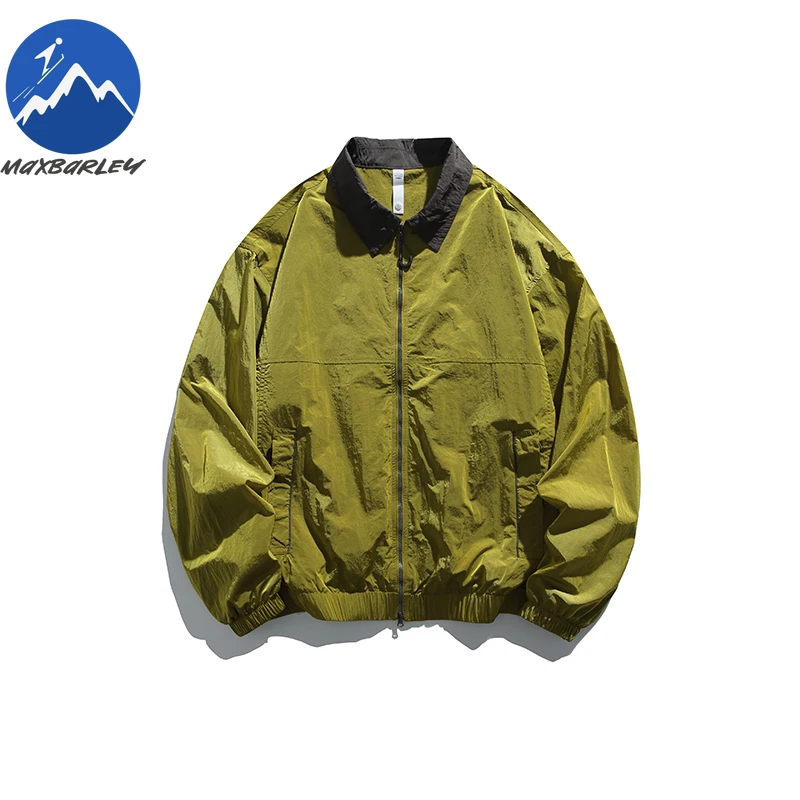 Maxbarley Jacket Urban Commute Outdoor Metal Nylon Triple Proof Jackets Men Autumn Lightweight Color Block Notch Collar Garment