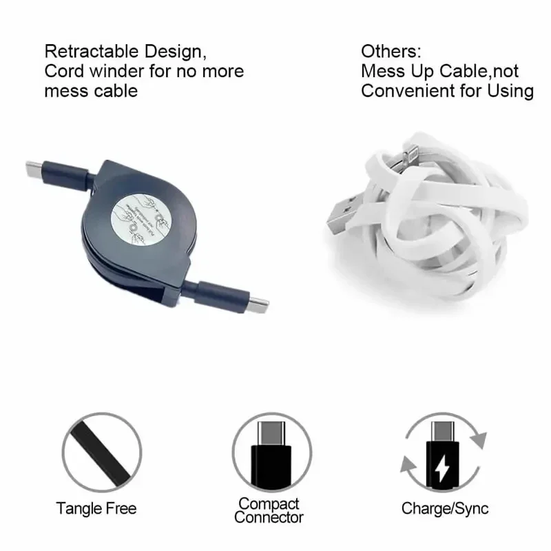 Eonline 2D 2 in 1 60W Dual Type C Cable Universal Telescopic Fast Cord Retractable Charging Cables For Phone Tablets