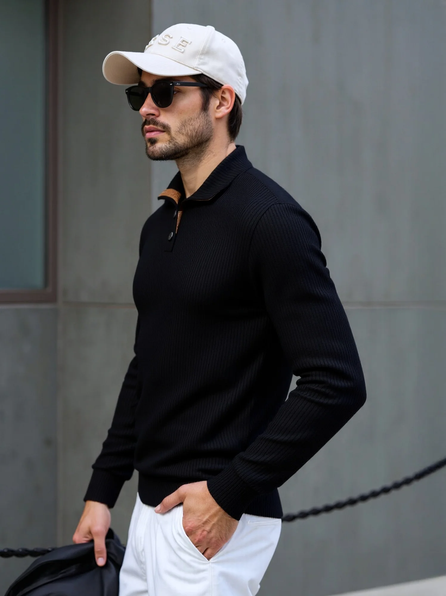 Men's Henley Collar Long‑Sleeve Shirt Faux Leather Button Patch Detail Ribbed Fabric Tops Male Autumn Winter Daily Casual Outfit