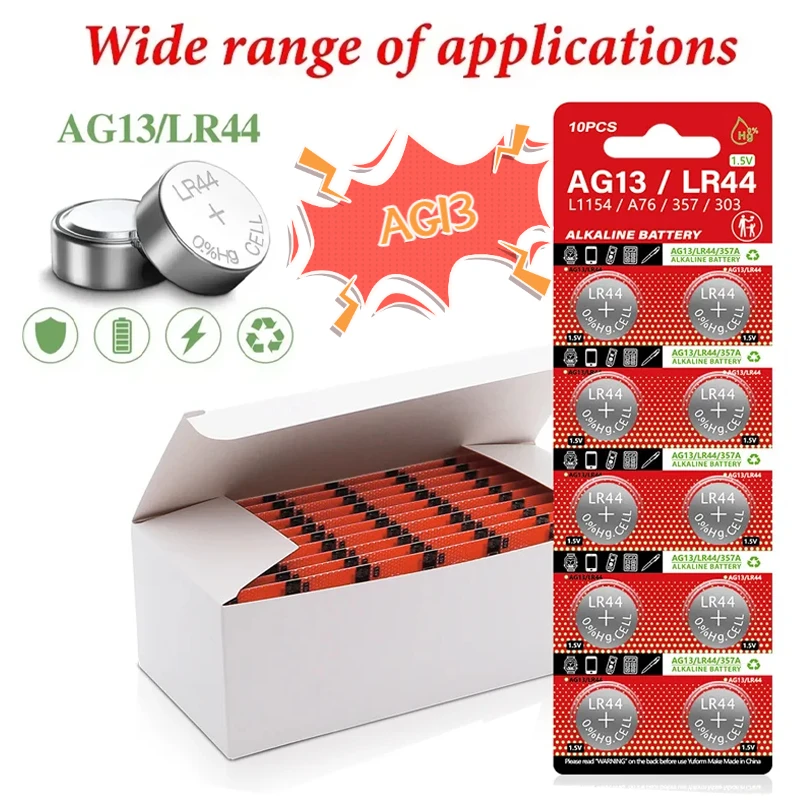 AG13 LR44 A76 357 357A LR1154 SR1154 SR44 1.55V Alkaline Battery for Watch Calculator Car Key Remote Clock Button Coin Cell