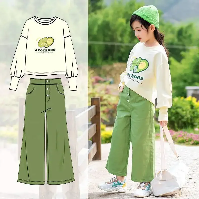 

Girls Avocado Suit Kids Long Sleeve Hoodie + Wide Leg Pants 2pcs Children Outfit Set Teenage Girl Loose Clothes 4 6 8 10 12 14