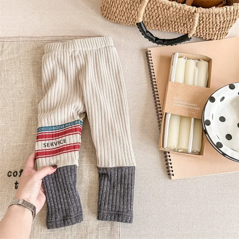 Little Girl Winter Fleece Warm Leggings Elastic Waist Color Blocking Pit Stripe Thick Tights Pants Fashion Child Trousers A23631