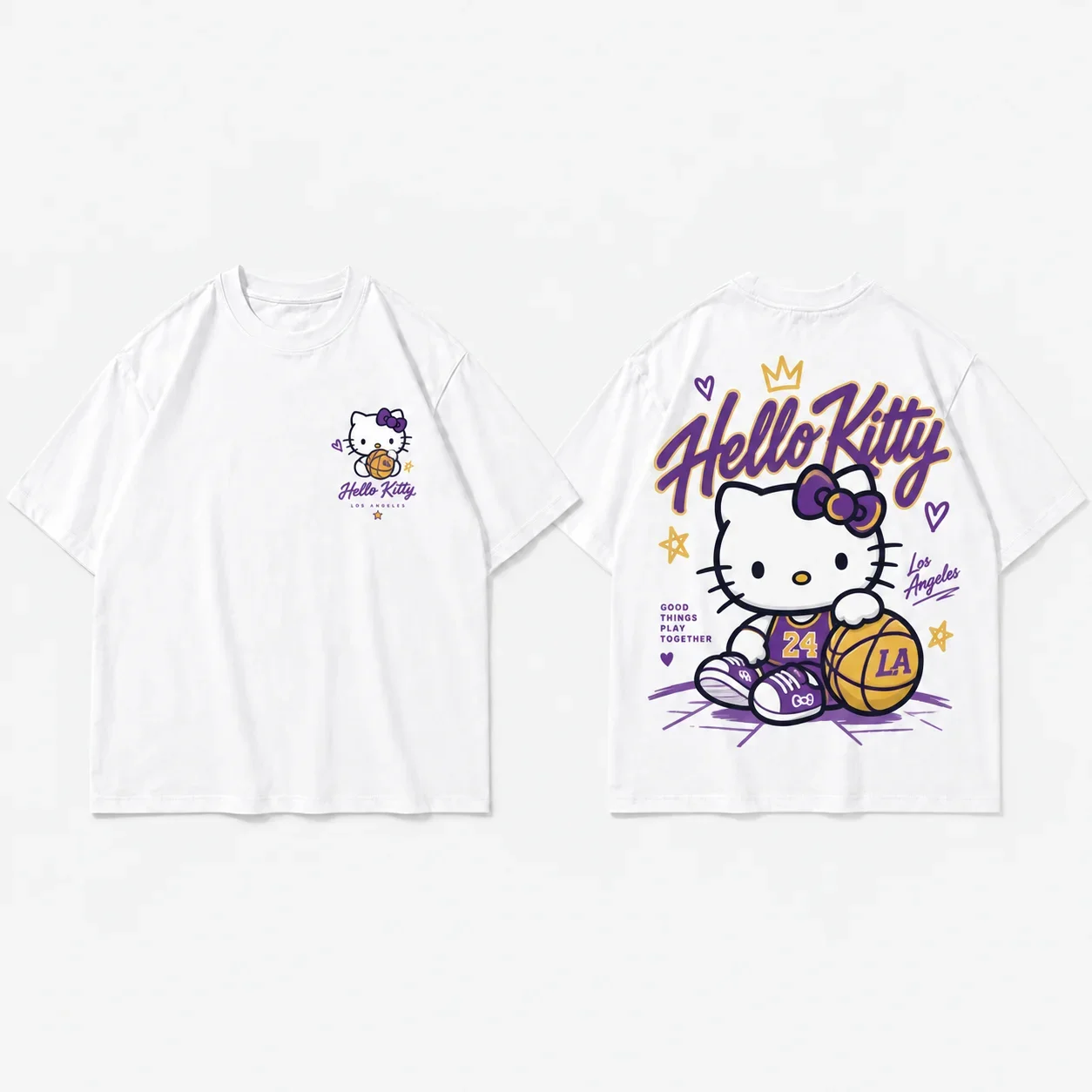 White T Shirt Parent Child Sanrio Hello Kitty Lakers Basketball Kawaii Cute Print Men's Women's Sporty Streetwear Oversized Top