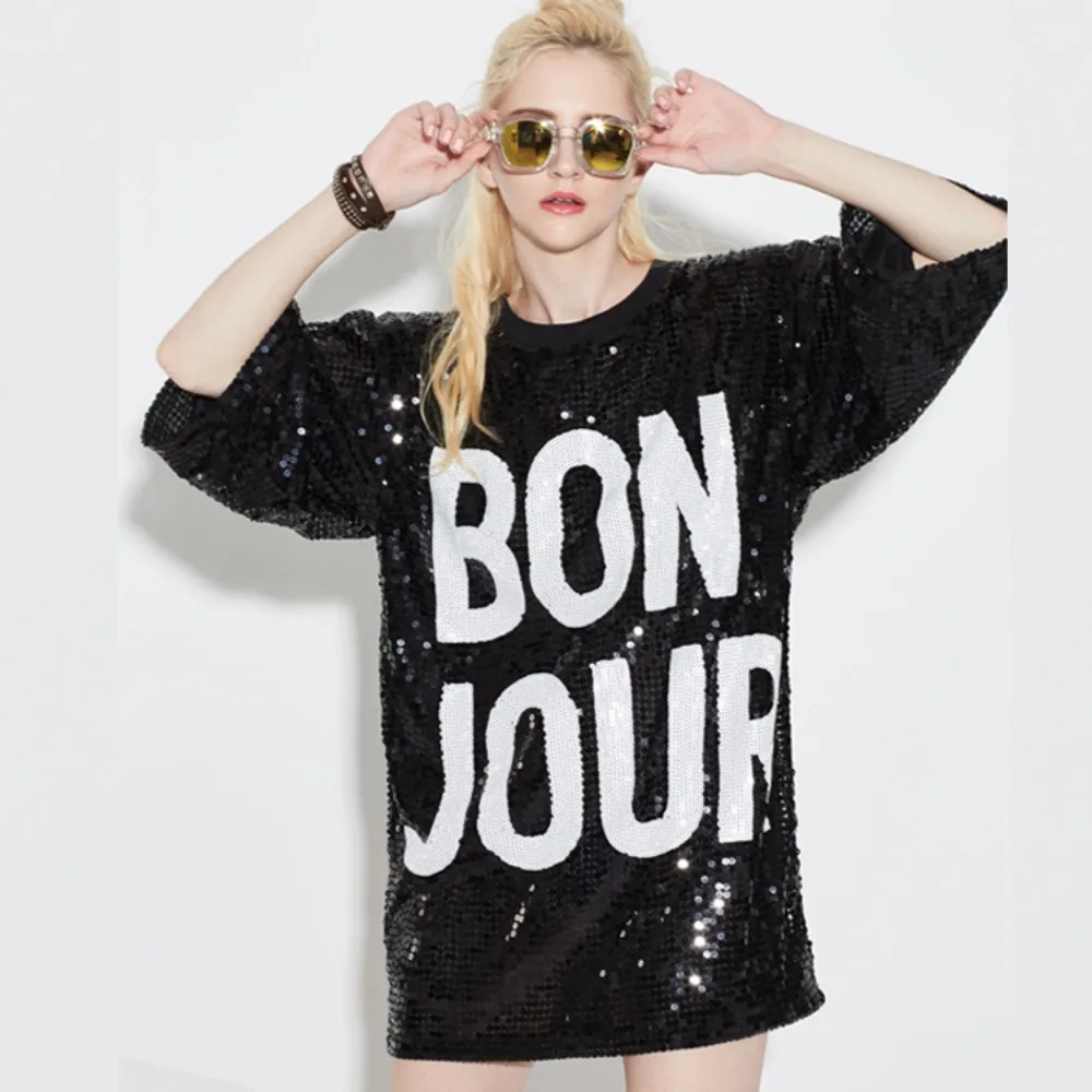 Fashionable Stage Sequined Mid-length Three-quarter Sleeve Round Neck Pullover Performance Clothing Top