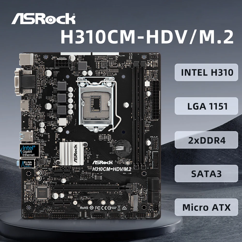 

ASROCK H310CM-HDV/ M.2 Socket 1151 Support i9-9900K i7-9700K i5-9600 CPU Intel Q270 Chipset 2 x DDR4 1xPCI 3.0 HDMI Micro ATX