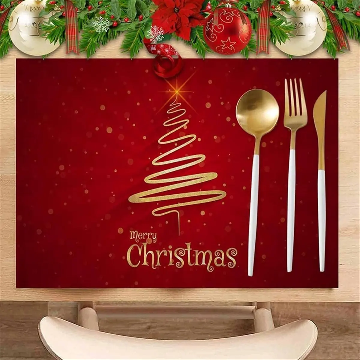 A75K Merry Christmas Tree Placemats Set of 6,Non-Slip/Wipe Clean Linen Dining Table Mat Set,Heat- Table Liner
