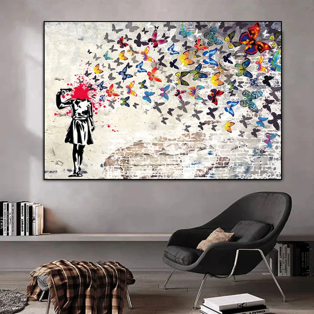 Banksy Graffiti Art Headshot Butterfly Girl Canvas Paintings Rainbow Rain Posters and Print Wall Art for Living Room Home Decor