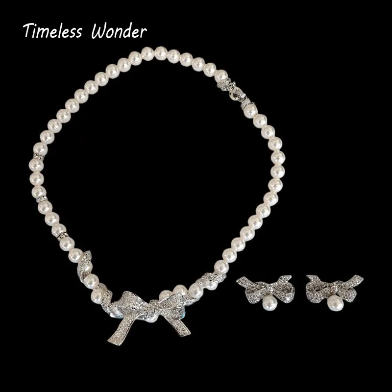 

Timeless Wonder Fancy Zircon Geo Bowknot Pave Necklace Stud Earrings Women Designer Jewelry Set Sweet Top Rare Classy 4612