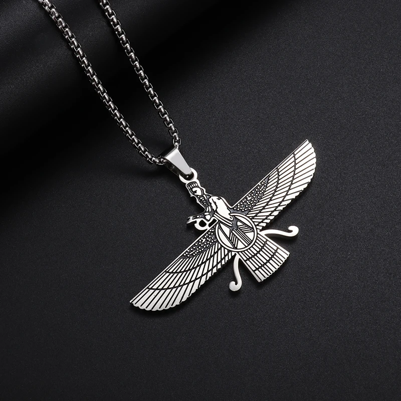 Classic Zoroastrian Rhinestone Pave Bling Faravahar Symbol Pendant Necklace Men Religious Style Amulet Jewelry