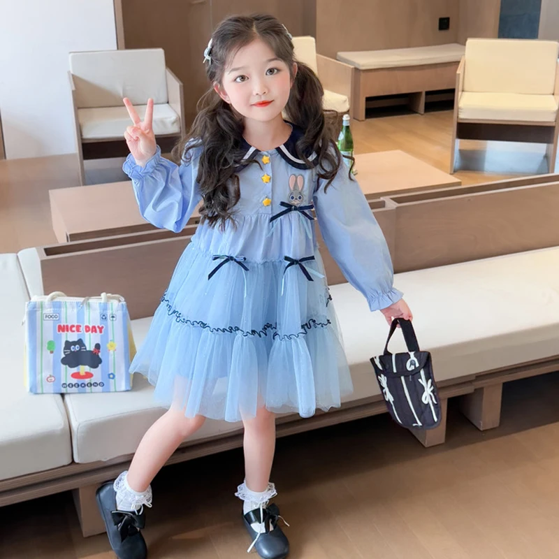 女の子の長袖ドレス韓国スタイル子供の甘いラペルメッシュドレス秋の新しい漫画ウサギ子供プリンセスドレス