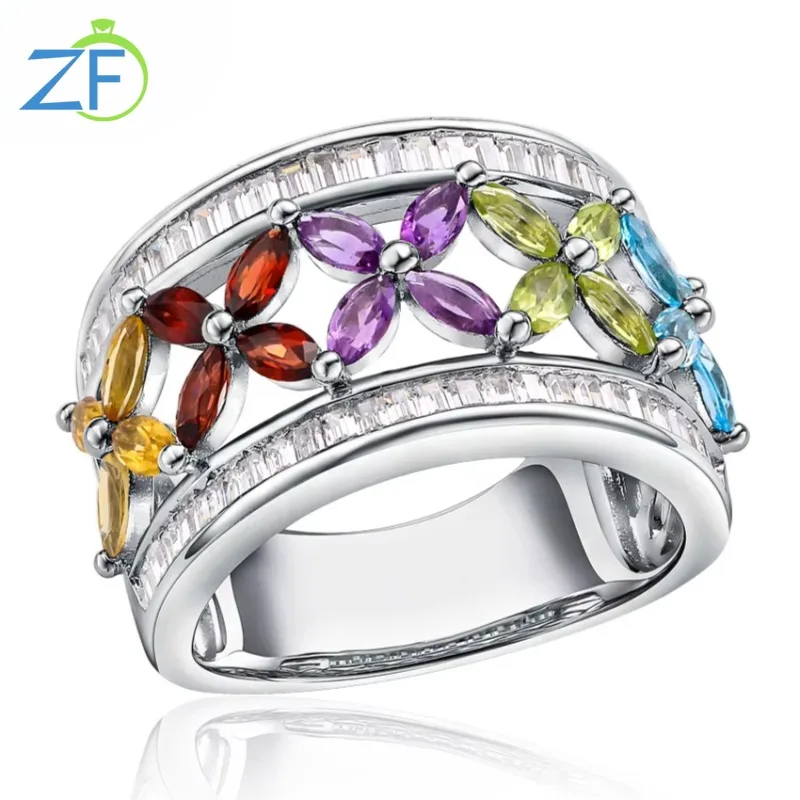 GZ ZONGFA Women Natural Peridot Citrine Mixed Gems Finger Ring Cross Clover Party Fine Jewelry For Women 925 Sterling Silver