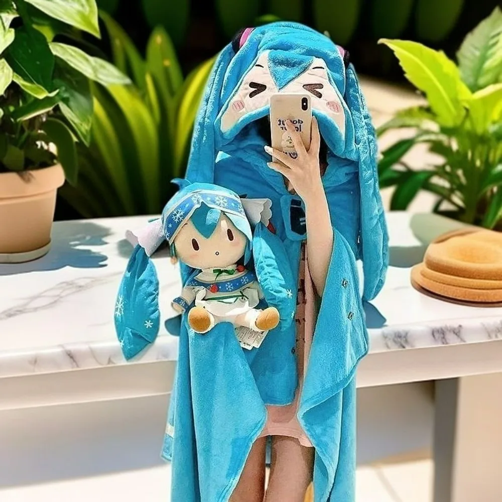 Hatsune Miku Anime Hooded Cloak, Flannel Multifunctional Shawl, Warm Blanket for Office Lunch Break & Air Conditioning Room