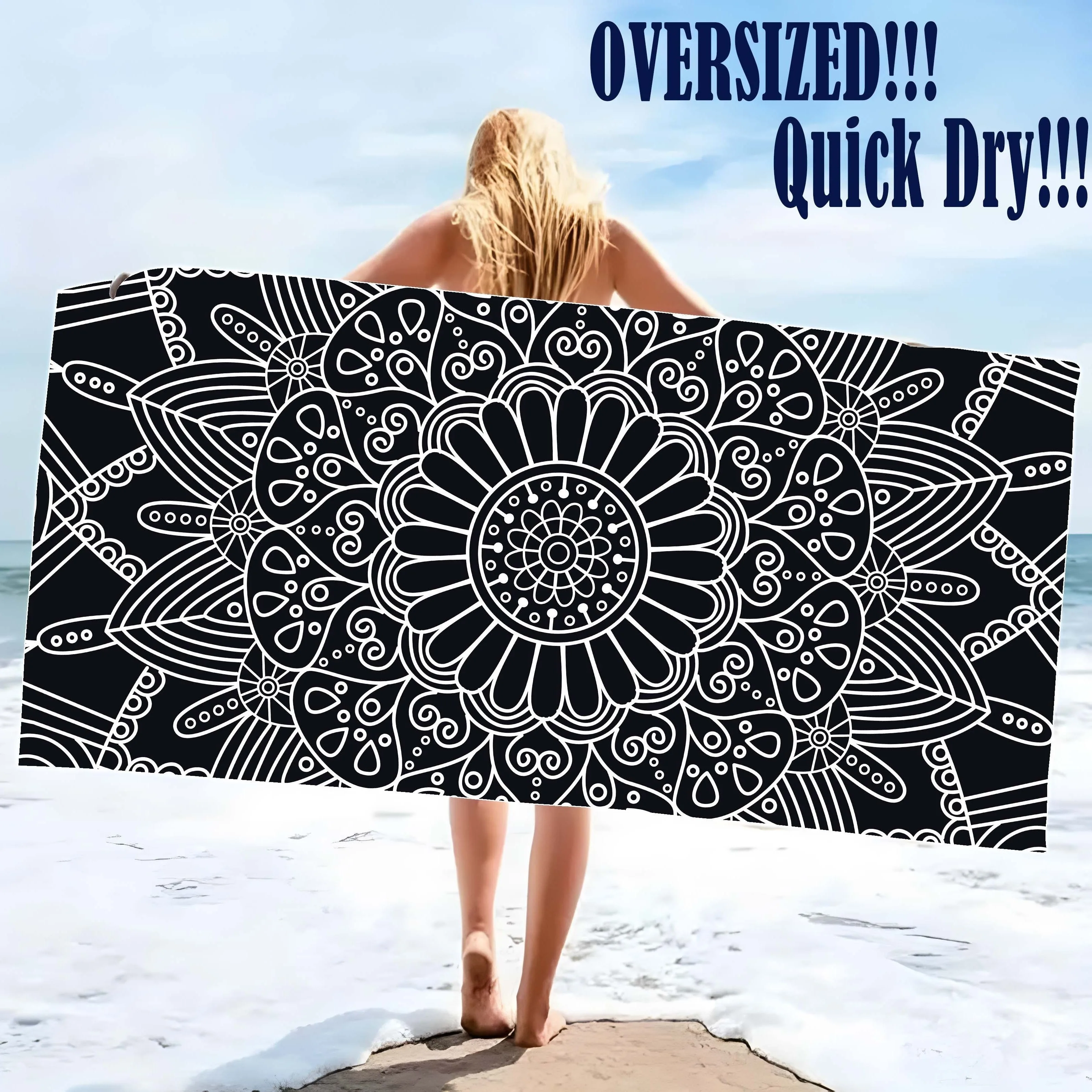 Beach Bliss: Exquisite Black and White Mandala Beach Towel Suitable for towels, bath towels, beach towels
