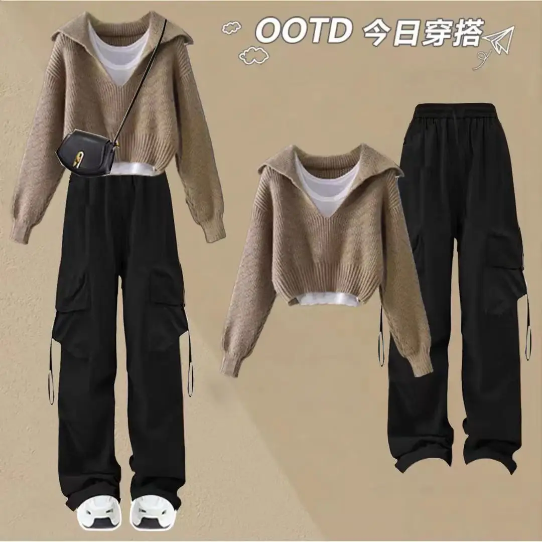 Conjunto de tres piezas para mujer, suéter de punto de estilo universitario coreano, chaleco y pantalones de trabajo de pierna ancha informales, otoño