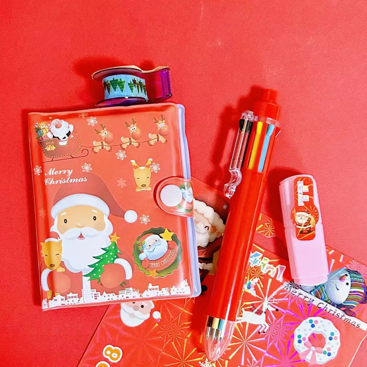 4pcs Christmas Stationery Set Student Writing Tool Ballpoint Pen Note Pad Holiday Learning Gifts Cartoon Santa Claus Notebook