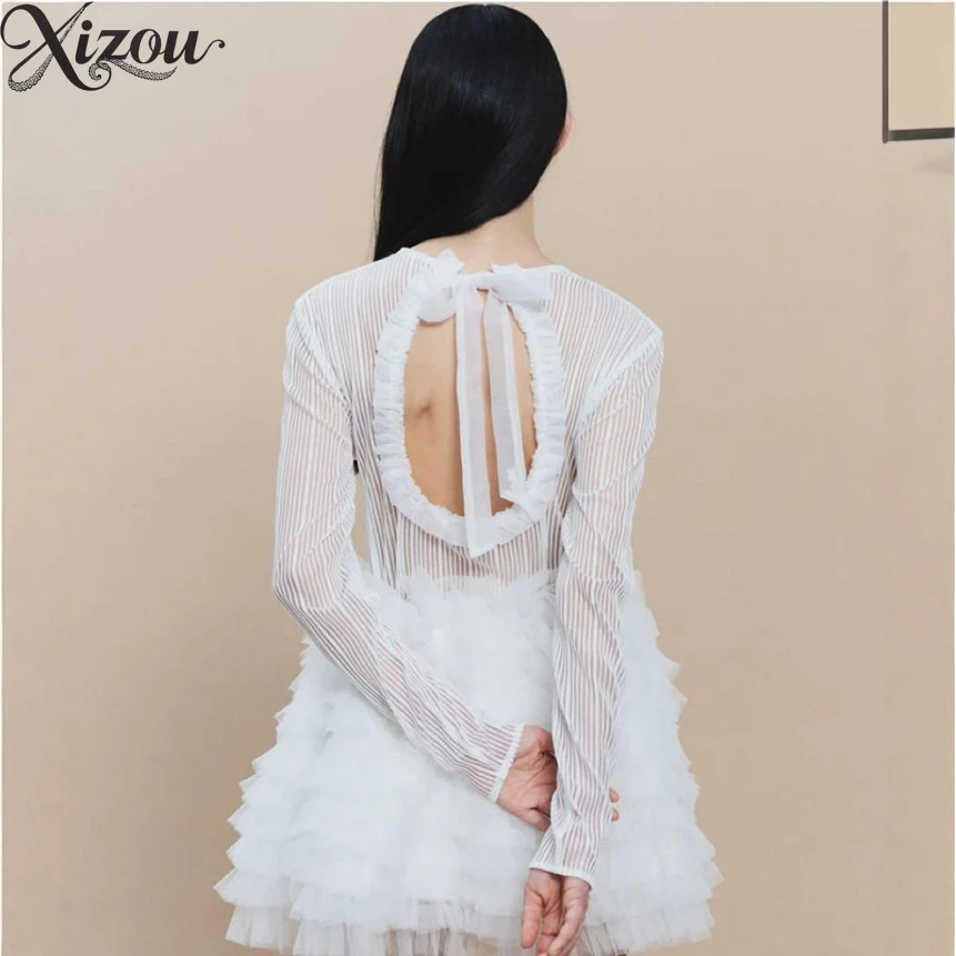 

Прозрачная футболка с круглым вырезом в японском стиле в вертикальную полоску, осенний топ с длинными рукавами и рюшами на спине, милые женские футболки