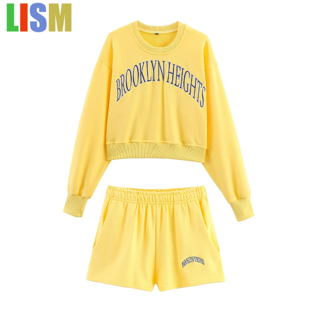 

LISM winter woman outfit tracksuit Embroidered Text Shorts two piece Set Yellow Sports Co-ord Set O-Neck Sweatshirt with Ribbed