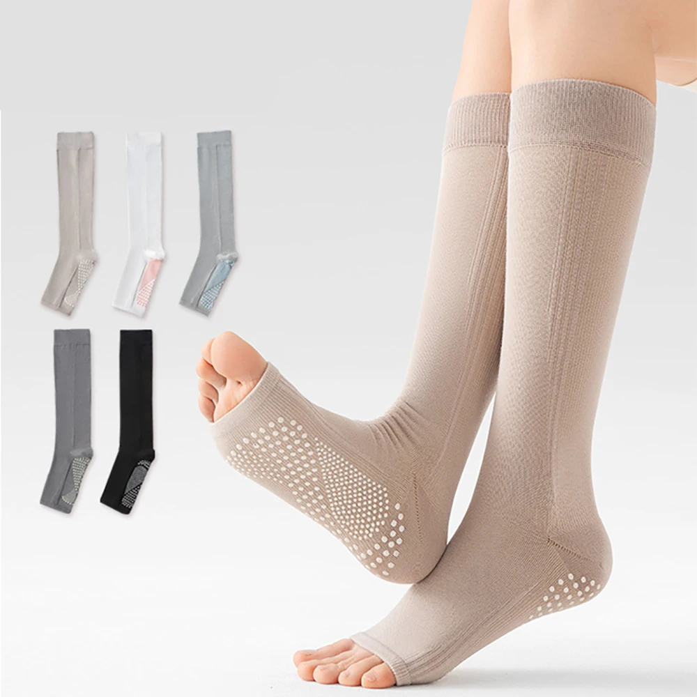 Professional  Open-toe Yoga Socks Women Anti-slip Calf Pilates Fitness Socks Knee High Dance Sport Socks Compression Stockings
