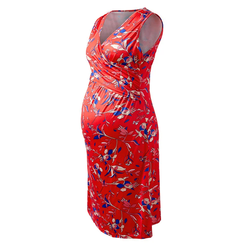Schwangere Frauen Kleid mit Digitaldruck ärmellos V-Ausschnitt Kreuz Stillen Füttern Baby Sommer Umstandskleid Floral Casual Tuch