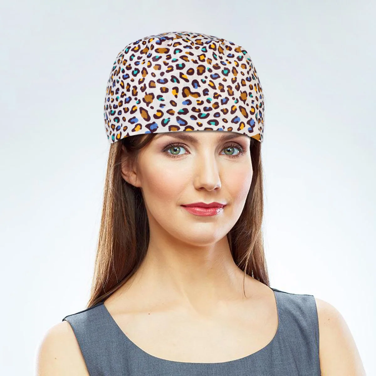 

Dust Cap Leopard Printing Hat Nurse Beautiful Lace up Beauty Spa Working Cotton Doctor