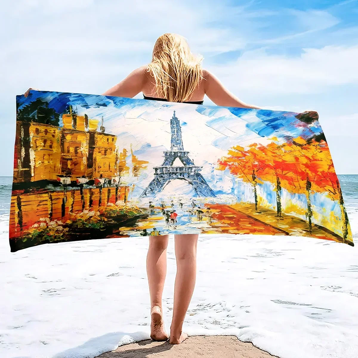 Oil Painting France Paris Eiffel Tower Beach Towel Highly Absorbent,Quick Dry,Oversized Large Beach Towels,Sand Free,Bath Towel