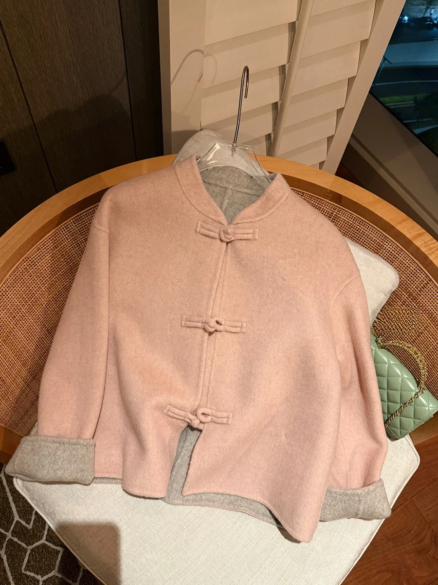 

Осенне-зимнее шерстяное пальто розового цвета Camere Jaet для похудения, китайское пальто на пуговицах Thi Long Sve Coat