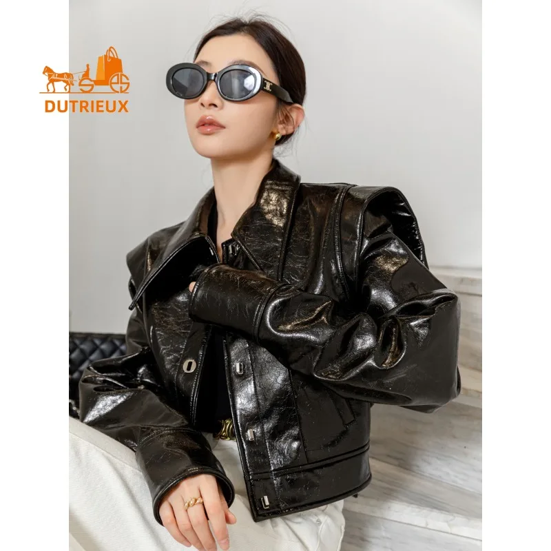 2025 New Autumn Women Short Patent Leather Jacket,Fashion Elegant 100% Genuine Leather Sheepskin Loose Motorcycle Coat for Women