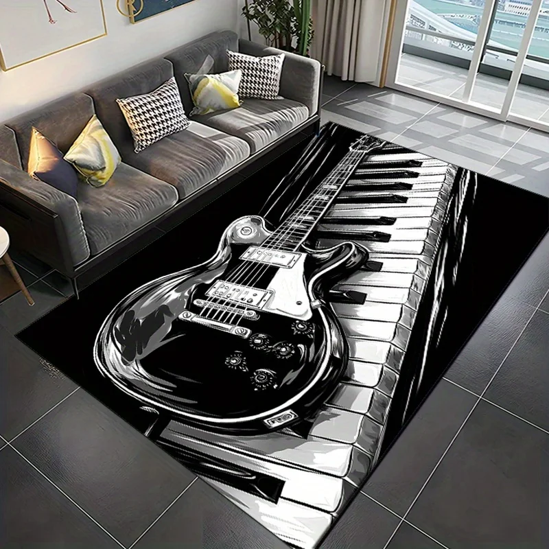 

Luxury Velvet Guitar Piano Rug - Non-Slip Black/White Music Carpet for Bedroom & Living Room Decor