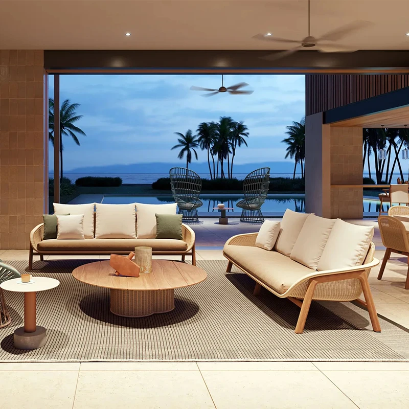 Outdoor Furniture Teak Frame Rattan Weaving Sofa Villa Hotel Patio Garden Sofa