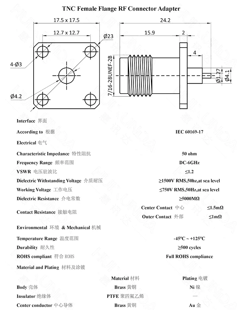 Connector TNC konektor Jack perempuan dengan empat lubang flens TNC-KFD tetap konektor adaptor RF wanita lasan microstrip