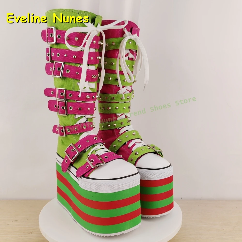 Women's Y2K Knee High Platform Boots Green Red Striped Buckle Studded Lace Up Punk Goth Thick Sole Festival Rave Party Shoe 2026