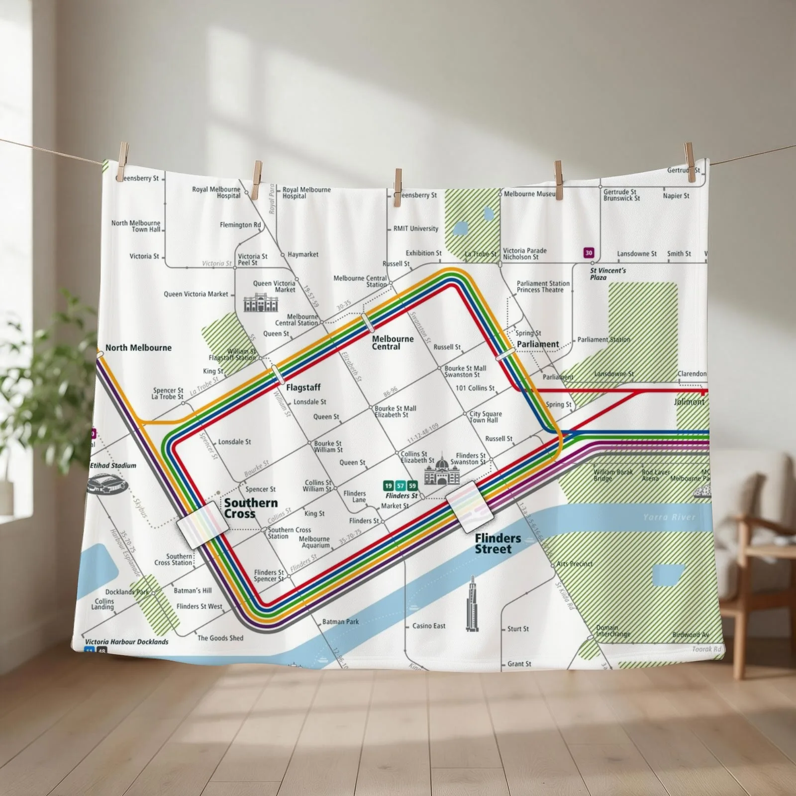 Melbourne City Rail Map Square Throw Blanket couch cozy soft plush fuzzy picnic outdoor blanket