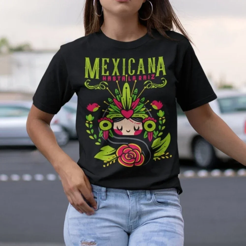 Regalo Para Mujer Mexican Girls Tee Ink Fun on Mexican Printed Shirt Summer Short Sleeve Blue Mexican Top for Colombian Clothing