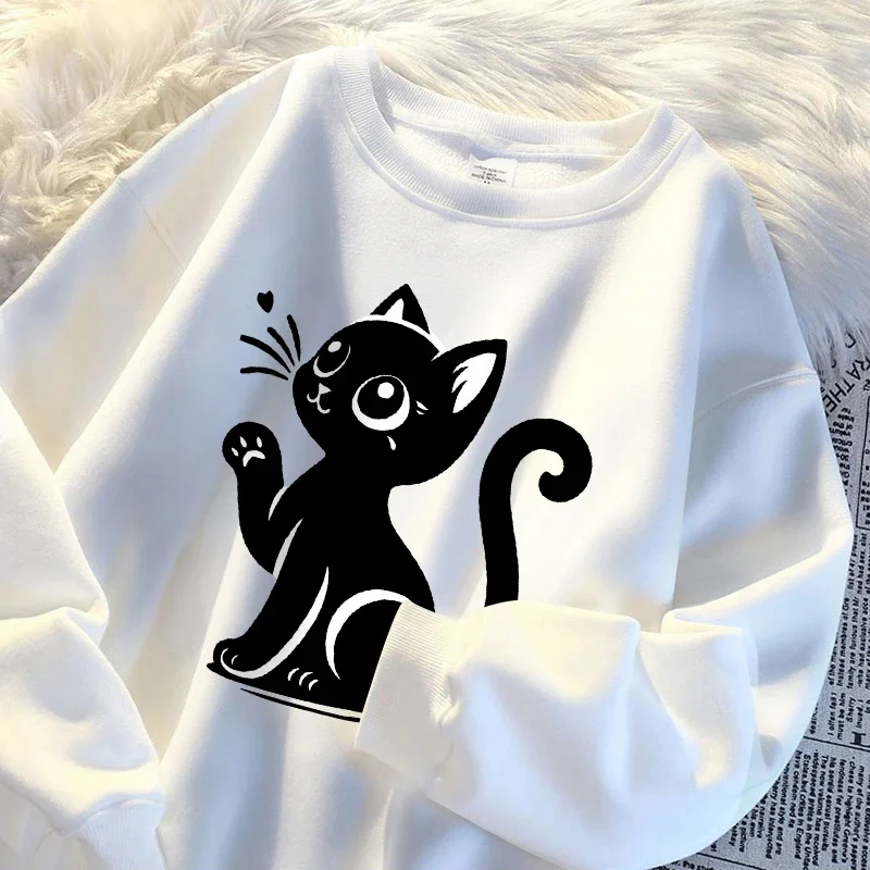 

Black cat greetings sweatshirt men fleece high quality sudadera simple casual pullover autumn loose streetwear