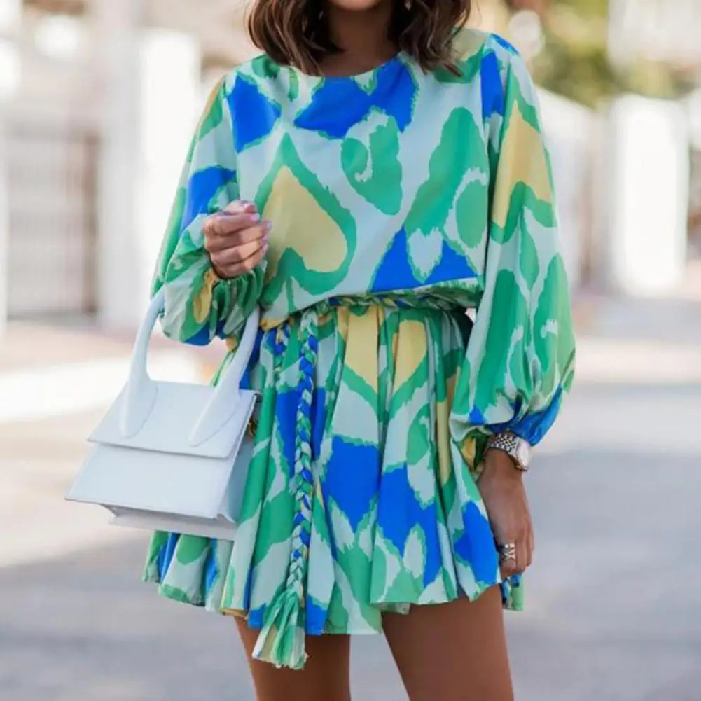 

Fashion Print Pleated Holiday Beach Dress Ladies Spring Lantern Sleeve O Neck Lace-up Mini Women Dress Summer Casual Loose Dress