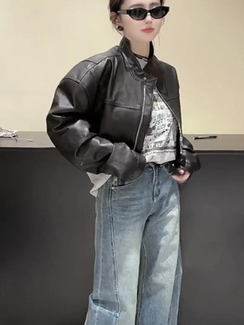 Early Spring 2025 Retro Hong Kong Sle Motorcycle ort Leather Jaet Women's Loose Fit Stand Collar Premium eepskin Coat