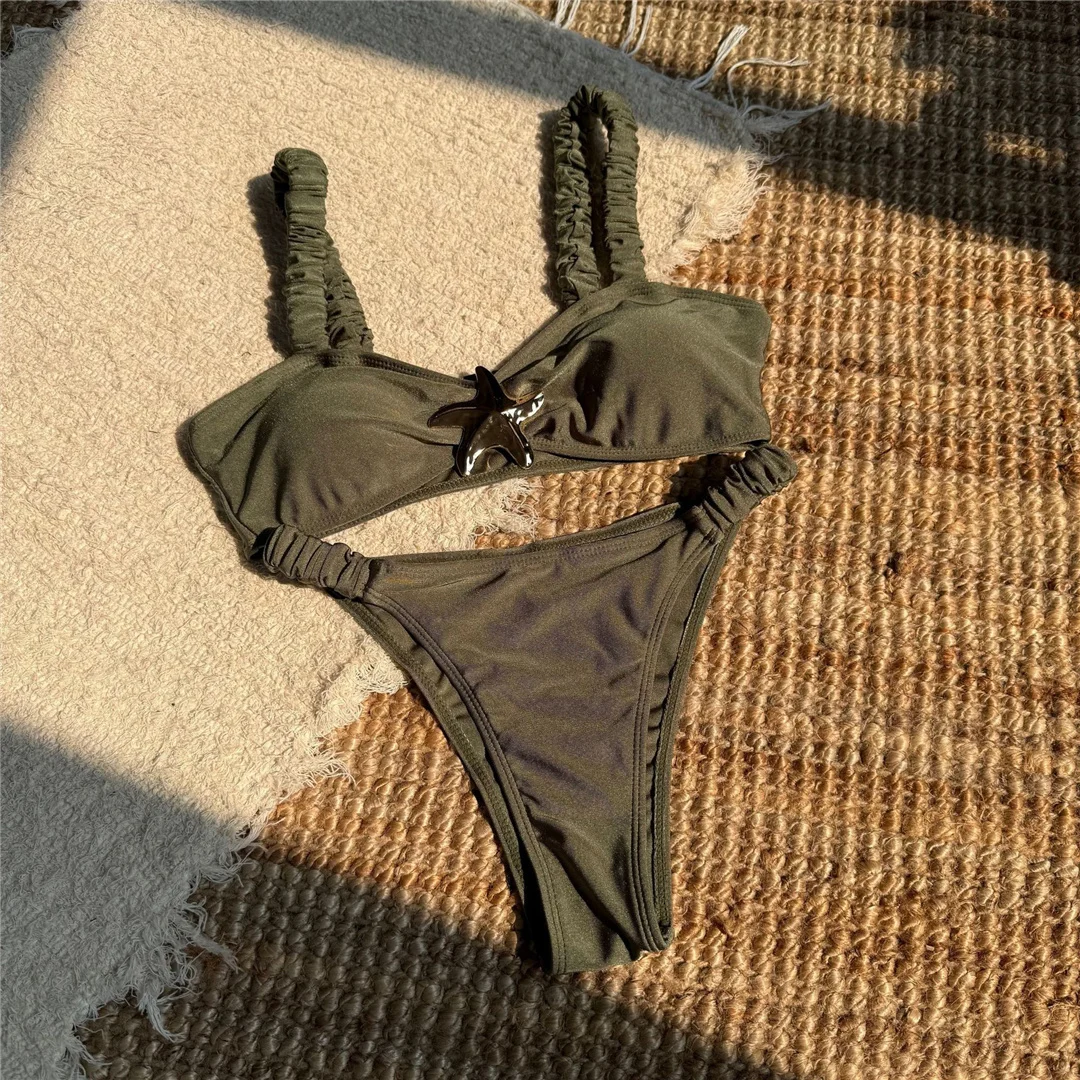 Sexy Bikini mit hohem Beinausschnitt und Metallstern, zweiteiliger Badeanzug für Damen, gepolsterter Badeanzug, Badebekleidung, Modell V7029. – Detail 10