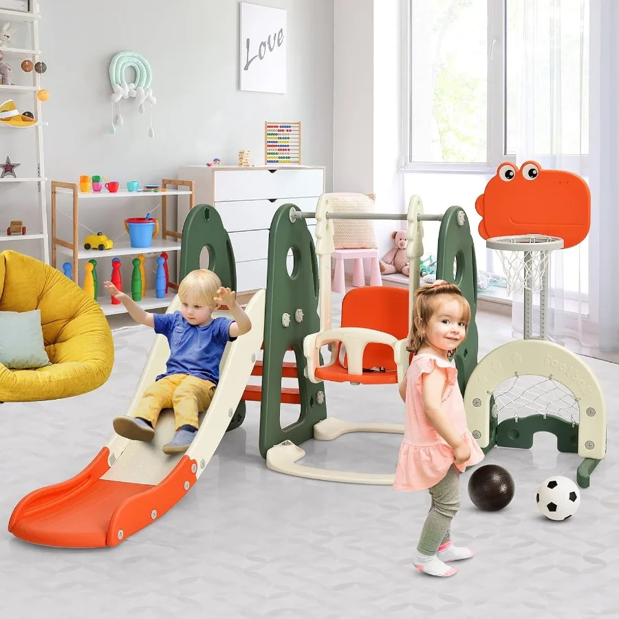 Ensemble de jeu de toboggan et de balançoire pour tout-petits 6 en 1, grand jeu de toboggan grimpeur avec panier de basket-ball, porte de Football et aire de jeux de trous de Golf Swin