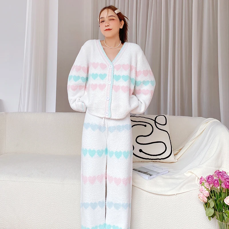 

Women's autumn and winter single-sided fleece two-color heart stripe two-piece set elegant style