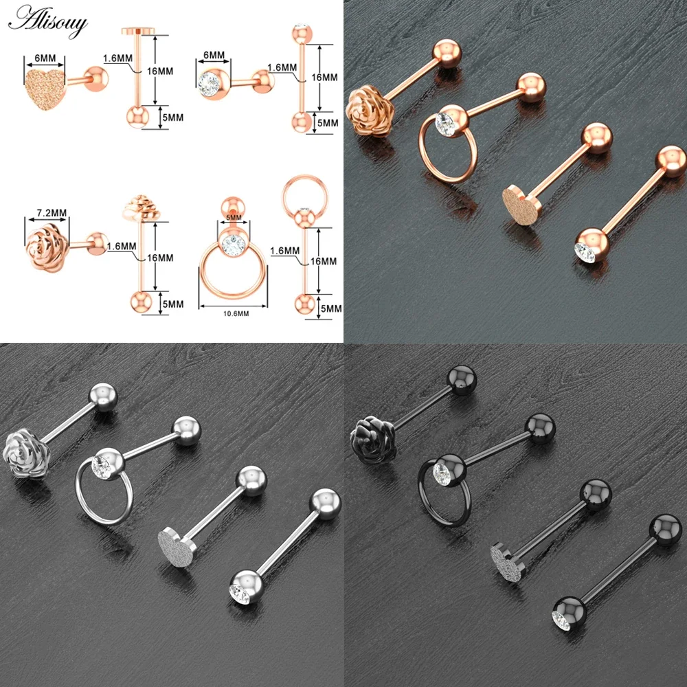 1 Piece Tongue Ring Piercing Stainless Steel Tongue Rings Bars Girls 14G Heart CZ Piercing Industrial Barbells Body Jewelry