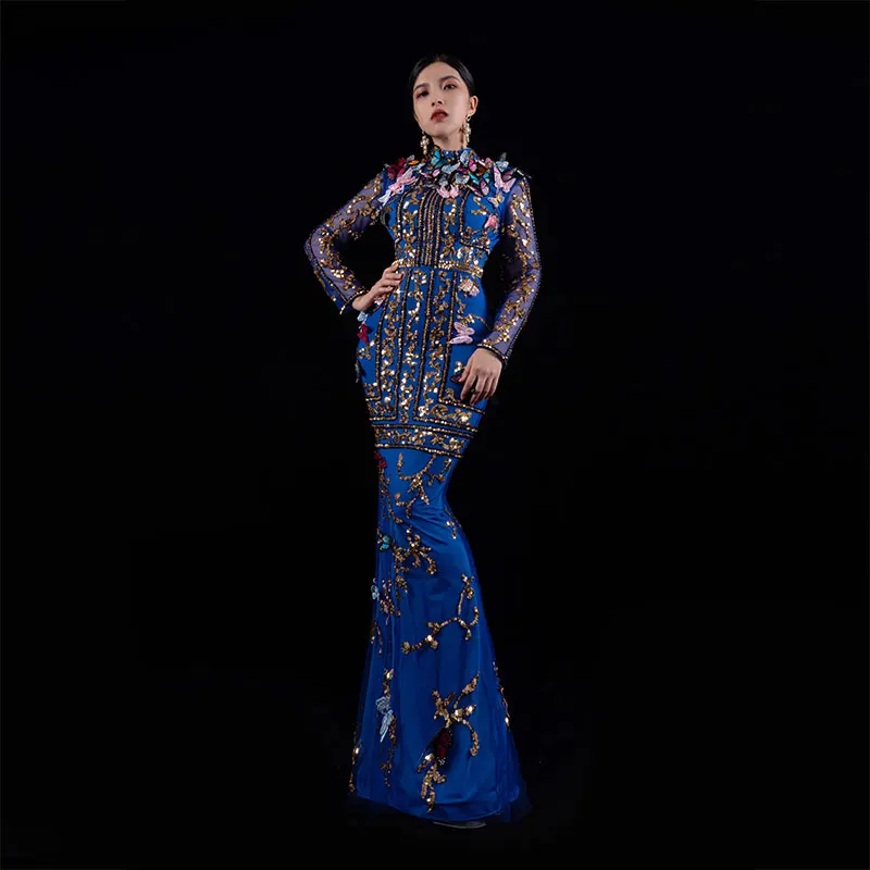 

Baisha Royal Blue Evening Dress Long Skirt Handmade Beading 3d Butterfly Design Party Show Luxury Mesh Costume فساتين للمناسH617