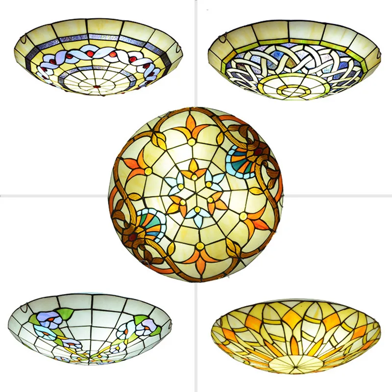 European-Style Colorful Glass Ancient Craft Living Room Dining Room Bedroom Balcony Aisle LED Round  Tiffany Ceiling Lights