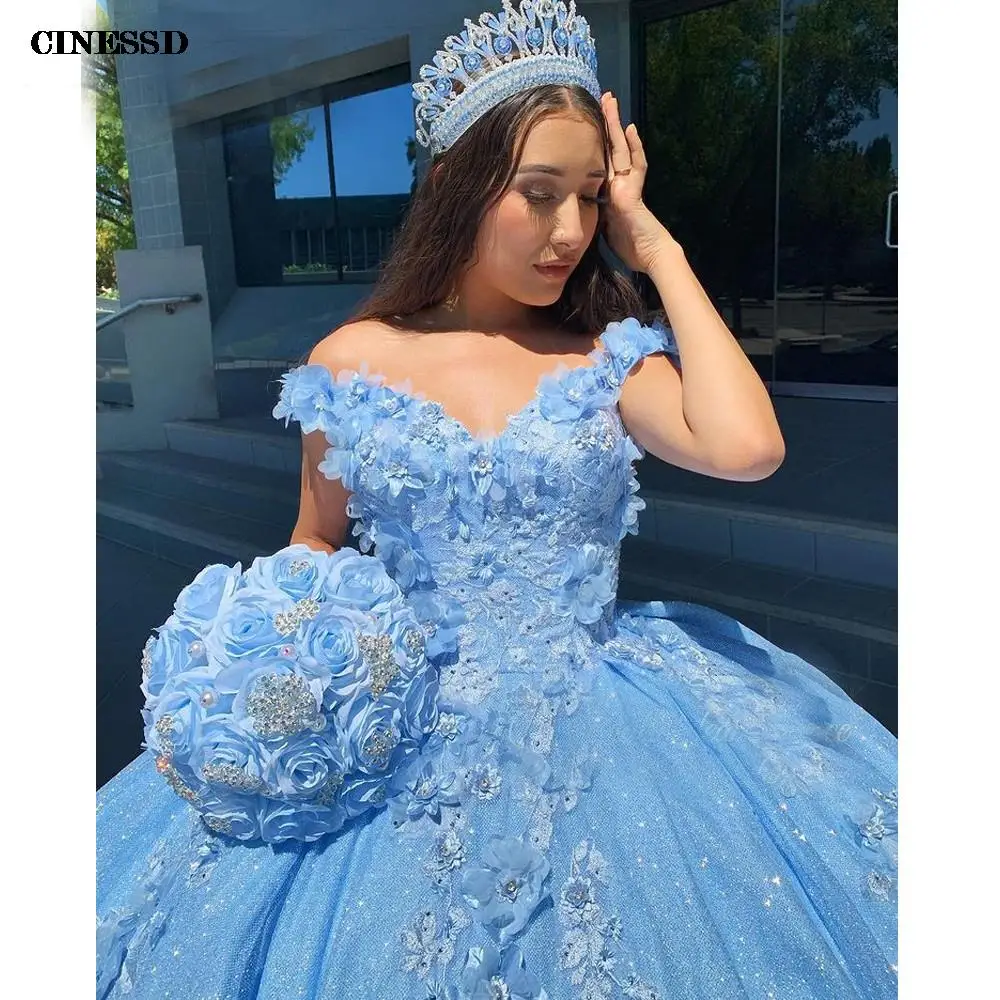 Vestido de quinceañera azul cielo, corsé, vestido de baile con cuentas 3D, flores, Formal, graduación, cumpleaños, princesa dulce, 15, 16